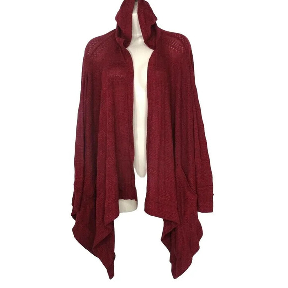 American Eagle Outfitters Hooded Open Cardigan Sweater Size S Red Asymmetric - Picture 1 of 6